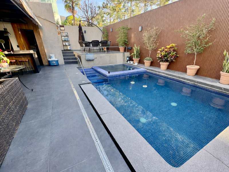 Modern patio with mosaic pool
